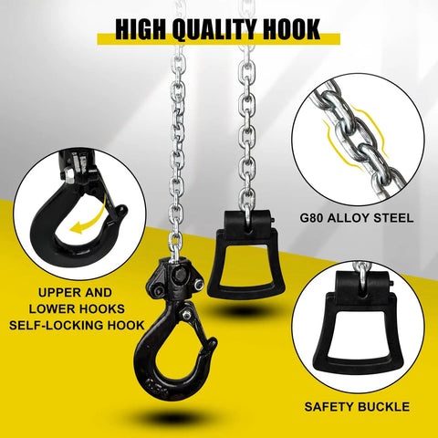 G80 alloy steel hook of Tiny But Mighty Mini Chain Hoist Come Along Half Ton 1100 Lbs Capacity with safety buckle details