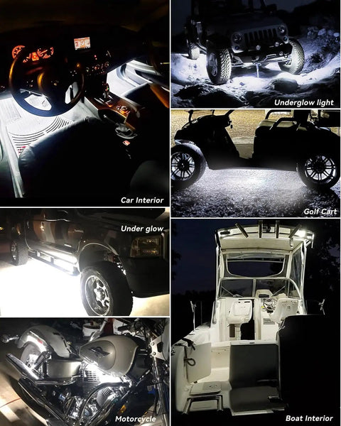 12V Waterproof White LED Light Strip Kit on car, motorcycle, golf cart, and boat interiors, showcasing underglow and marine use.