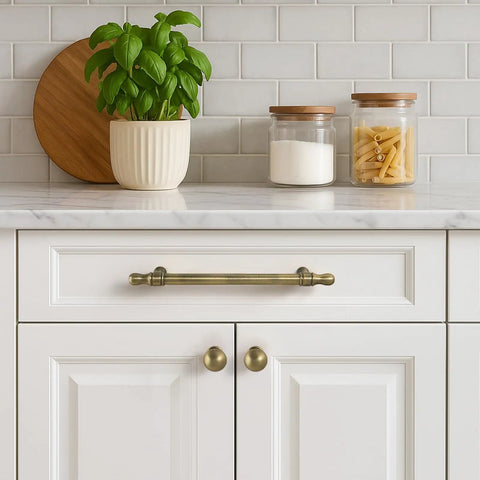 5 Inch Cabinet Pulls Brushed Antique Brass on white kitchen drawer, Heavy Duty Kitchen Cabinet Handles