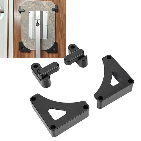 Hella Secure Rv Table Board Buckle Kit Featuring 180 Degree Rotating Lock Clips And Heavy Duty Triangle Brackets In Black shown mounted.