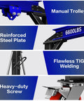 Close-up details of Real Deal 3 Ton Gantry Crane, showcasing manual trolley, reinforced steel plate, and heavy-duty screw.