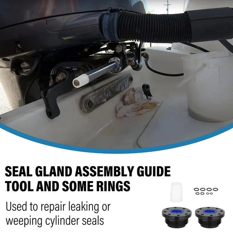 Seal Kit for Hydraulic Steering System Front Mount Cylinders With Wrench Included showing assembly on boat cylinder
