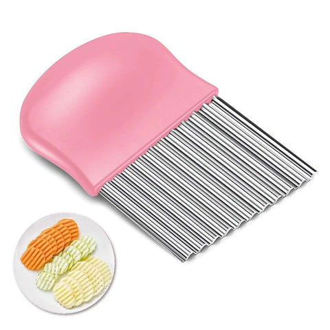 Pink plastic-handled crinkle cutter with stainless steel comb blade for slicing potatoes