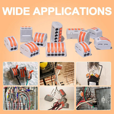 20 Piece Lever Wire Connectors Kit 28-12 AWG Quick Disconnect Splice Nuts shown with multiple wiring applications