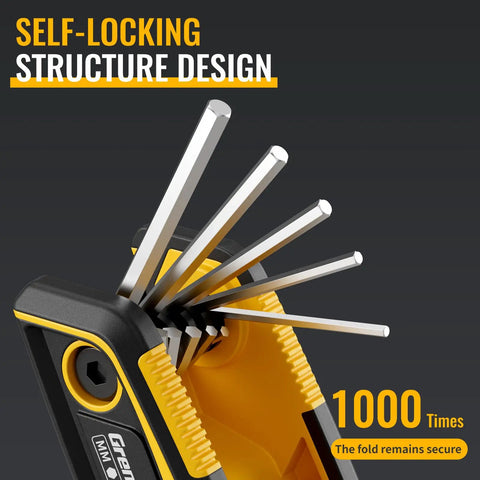 Close-up of a Folding Allen Wrench Set with Hex Keys for Bikes and Home Repairs, showing self-locking design and steel construction.