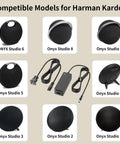 Onyx Studio Charger Replacement For Harman Kardon Wireless Bluetooth Speaker 19V AC Power Cord 10 Ft Long Works With Onyx Studio 1 2 3 4 5 6 7 8 No Fuss Plug In. compatible models layout with 19V charger and Onyx Studio 1-8 speakers
