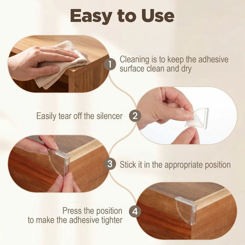 Step-by-step installation of 10 Pack Clear Corner Protectors For Tables Cabinets And Windows Soft PVC Edge Guards Bumpers