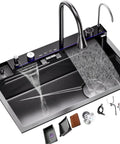 Multifunctional Black Stainless Steel Kitchen Faucet 26.8/29.5/31.5/33.5/90cm Integrated Sink Accessories for Modern Cooking (75x46x22cm) with water stream