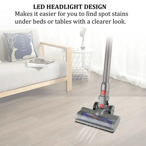 Quick Release Direct Drive Turbine Cleaner Head for Dyson cordless vacuums on hardwood floor with LED headlights