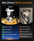 Comparison of OKLPF electric fuel pump and other brands highlighting stable supply, easy installation, and premium materials.
