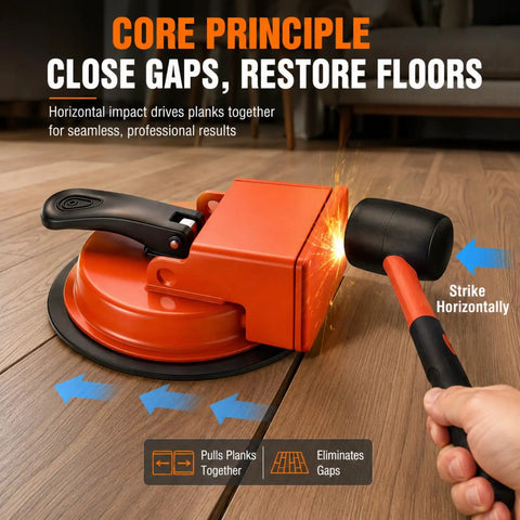 DIY Floor Gap Fixer Tool With Heavy Duty Vacuum Suction Cup For Vinyl Plank LVP Laminate Hardwood And Tile Floors No Fuss Gap Repairs Plank Gap Grabber Tool Only, orange steel body on wood floor with mallet