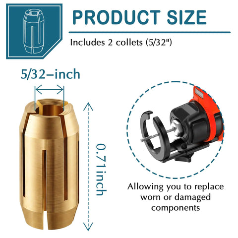 Image of Two Pack Replacement Collet Kit Fits CN1 And Dewalt Spiral Saws And Drywall Cut Out Tools Five Thirty Second Inch Gold Finish Durable Metal Collet Parts For Easy Bit Changes And Secure Fit Go To Upgrade with dimensions and use diagram