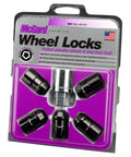Black Cone Seat Wheel Locks 1/2-20 Thread Size Set Of 5 With Key in packaging, featuring dual hex sizes for added security