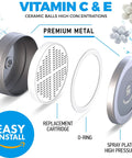 High Pressure Shower Head With Twenty Three Stage Filter For Chlorine Reduction Heavy Metal Removal California Compliant 1.8 GPM Softer Skin And Hair Less Dryness And Irritation Your Go To Shower Upgrade, exploded view of filter components showing chrome shell, cartridge, O-ring, and spray plate.