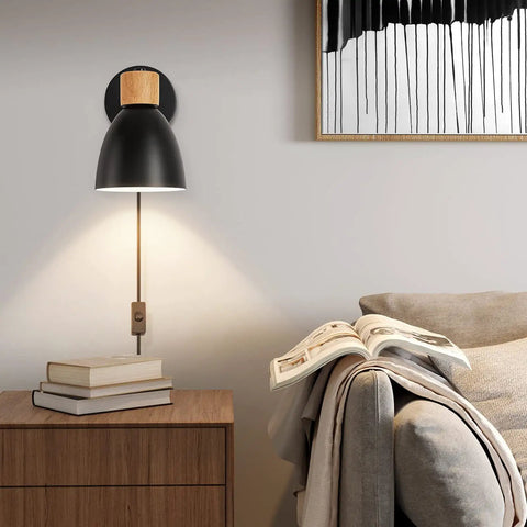 Plug In Swing Arm Wall Sconce Set Of Two Dope Black Bedside Reading Lamps With Cord And On Off Switch lit above nightstand