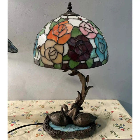 Rose Flowers Tiffany Style Stained Glass Table Lamp With Swan Mosaic Base For Bedside Or Living Room 21 Inches Tall Handmade Classic Tiffany Vibe Warm White Light E26 Bulb Not Included
