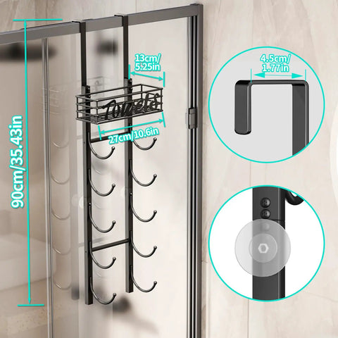 Black Six Tier Over The Door And Wall Mount Towel Rack With Metal Shelf Basket For Small Bathrooms Campers And RVs