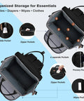 Spacious Diaper Bag Backpack For Moms And Dads With Changing Pad, Thick Padded Back And Straps, Laptop Compartment, Waterproof Travel Bag With USB Port, Go To Multi Function Baby Bag For Everyday Use showing organized interior and pockets.