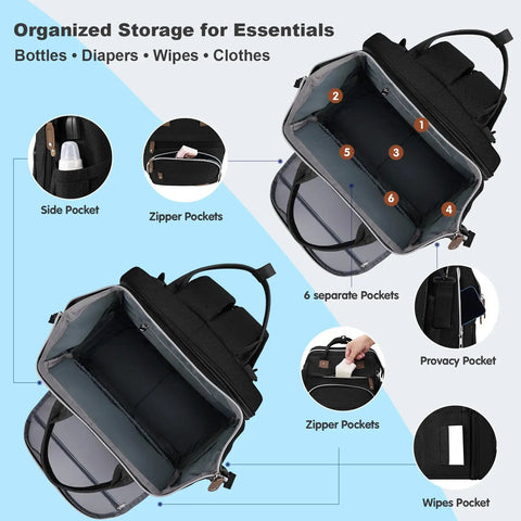 Spacious Diaper Bag Backpack For Moms And Dads With Changing Pad, Thick Padded Back And Straps, Laptop Compartment, Waterproof Travel Bag With USB Port, Go To Multi Function Baby Bag For Everyday Use showing organized interior and pockets.