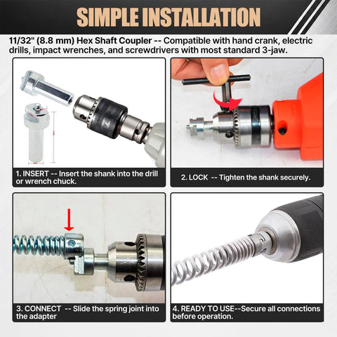 Simple installation guide for Tough As Nails 32 Foot Drain Snake And Auger Kit with Hex Shaft Coupler for drill compatibility.