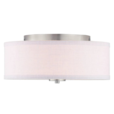 Two Light Flush Mount Ceiling Light With Summer Linen Shade In Brushed Nickel Finish For Kitchen Hallway And Interior Living Spaces Great For Baths, Bedrooms, And Entryways With A Clean, Modern Vibe