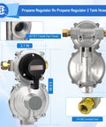 Two Tank Propane Regulator Kit With Auto Changeover And Two Hose Set, front and side view, durable brass fittings shown.