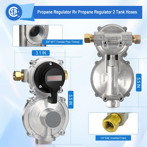 Two Tank Propane Regulator Kit With Auto Changeover And Two Hose Set, front and side view, durable brass fittings shown.