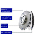 Front automotive brake rotor (vented) with OE vane design; features optimal surface finish, low run-out, precision balanced.
