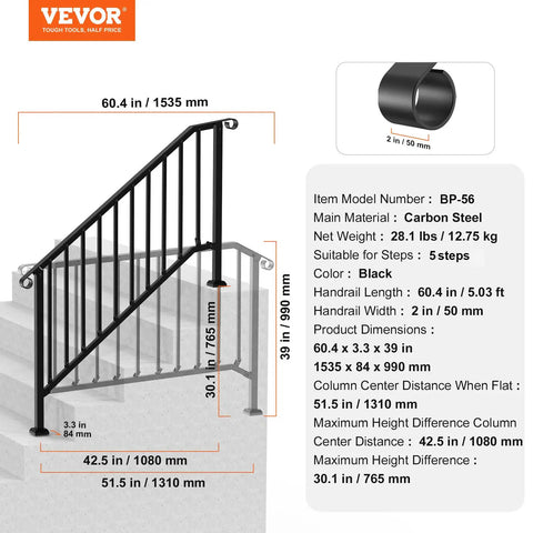 Outdoor 5 Step Stair Hand Rail Kit In Black With Installation Kit, carbon steel railings, suitable for 5 concrete steps.