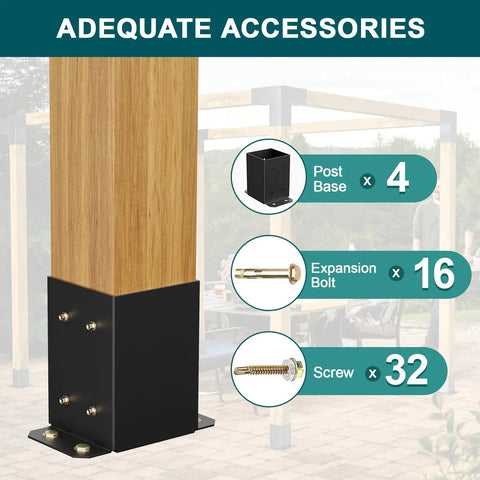 Built Tough 4x4 Post Base Set Four Metal Black Deck Post Anchors For 4x4 Posts Inner Size Three Point Six By Three Point Six Inches with accessories