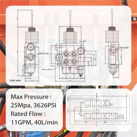 Front view of INPANOLS 2-spool hydraulic control valve with joystick and float; schematic dimensions, 11 GPM