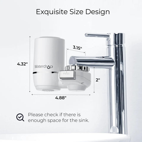 NSF Certified Faucet Water Filter 0.01 Micron Ultra Filtration for Bathroom Sink on chrome faucet side view