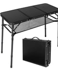 Foldable Camping Table With Storage Net Aluminum Portable Table With Three Height Settings Up To 27.3 Inches open and folded