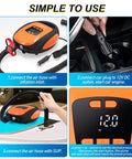 Electric Portable Paddle Board Pump for SUP with Auto Off and 20 PSI Beast Power Air Compressor, in use with car and SUP.
