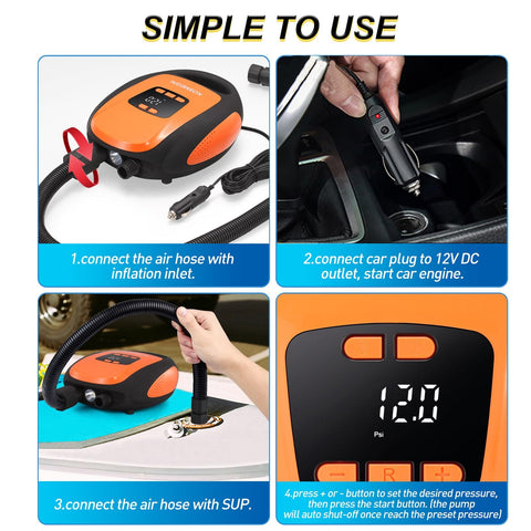 Electric Portable Paddle Board Pump for SUP with Auto Off and 20 PSI Beast Power Air Compressor, in use with car and SUP.