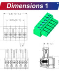 Dimensions of 3.81mm Phoenix Type PCB Screw Terminal Block Connector No Soldering Kit with 4 connectors shown in green.