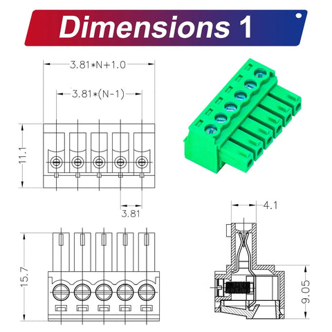 Dimensions of 3.81mm Phoenix Type PCB Screw Terminal Block Connector No Soldering Kit with 4 connectors shown in green.