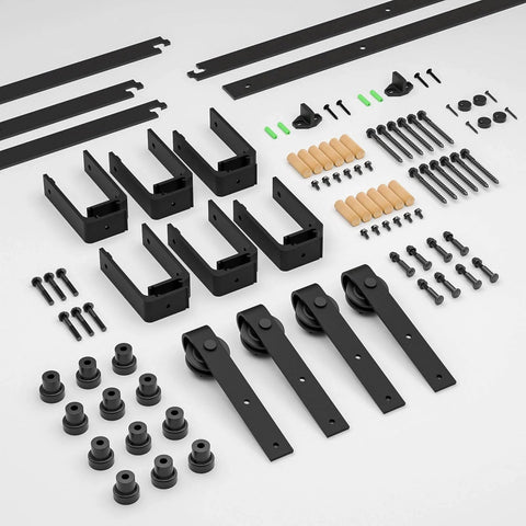 7Ft Low Ceiling Bypass Sliding Barn Door Hardware Kit With Double Track For Double Wooden Doors Black Finish, laid out components