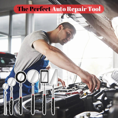 Mechanic using Six Piece LED Telescoping Inspection Mirror Set With Retractable Under Vehicle Mirror Tool Car Visual Reflector in garage