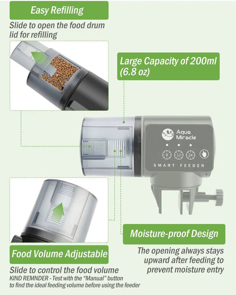 Automatic Fish Feeder For Home Tank Programmable Timer Setup Fine Tune Portions On The Fly Ideal For Weekend Getaways showing easy refilling features