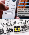 260Pcs Micro Momentary Tactile Push Button Switch Kit with 26 Values, control panel and switches displayed.