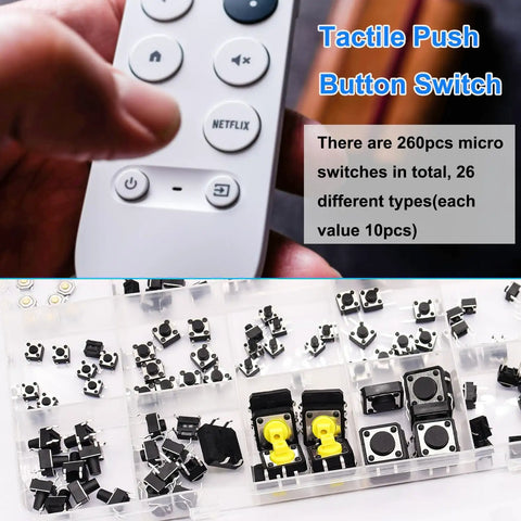 260Pcs Micro Momentary Tactile Push Button Switch Kit with 26 Values, control panel and switches displayed.
