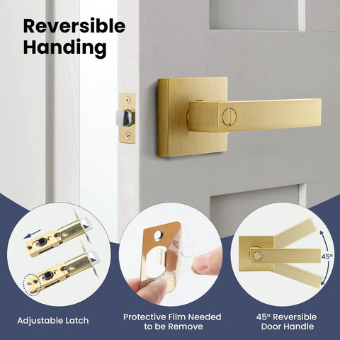 2 Pack Satin Brass Privacy Door Levers With Square Knobs Bed Bath Lockset Gold Finish Universal Handing Keyless Privacy Lever For Interior Doors Emergency Outside Release No Key Needed Ideal For Bedrooms And Bathrooms shown with door handle