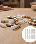 Brass Shelf Pegs Set With Rubber Sleeves 12 Pack For Wood And Glass Shelves Flush Mount Support Pins on brown surface.