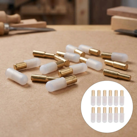 Brass Shelf Pins With No Slip Rubber Covers For Cabinets And Bookshelves One Quarter Inch Metal Shelf Holder Pins Displayed On Table