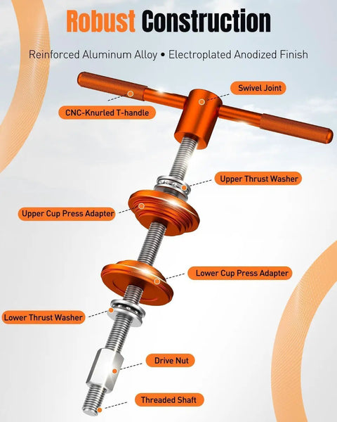 Beefy Pro Grade Bike Headset Press Tool For One And One Eighth Inch Systems, aluminum alloy with threaded shaft, labeled parts