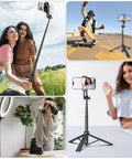 Go To 50 Inch Extendable Selfie Stick Tripod For Phones with Remote Shutter Aluminum holder showcasing travel and video use.