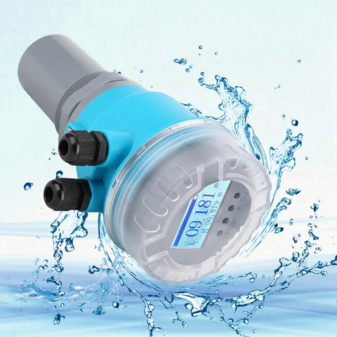 Top Notch Digital Ultrasonic Level Meter With LED Display and Liquid Level Sensor surrounded by water splash