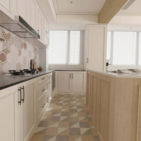 Modern kitchen featuring Heavy Duty Matte Black Cabinet Pulls 20 Pack Solid Zinc Drawer Handles on cabinets with stylish tile flooring.