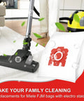 Vacuum on carpet with Upgraded 3D AirClean FJM Vacuum Bags 16 Pack in foreground, compatible with Miele C1 C2 series.